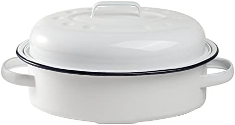 Webake Enameled Roasting Pan with Lid, Covered Roaster Pan Oval Pot Enamelware Cookware, 15.5 Inch, Vintage Farmhouse White