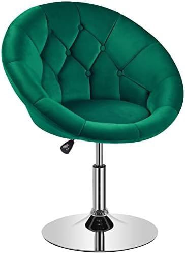 Yaheetech Living Room Vanity Chair Makeup Chair Velvet Round Tufted Back Swivel Accent Chair with Chrome Frame Height Adjustable for Living Room, Makeup Room, Bedroom, Green