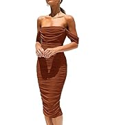 PRETTYGARDEN Women's Summer Off The Shoulder Ruched Bodycon Dresses Sleeveless Fitted Party Club ...