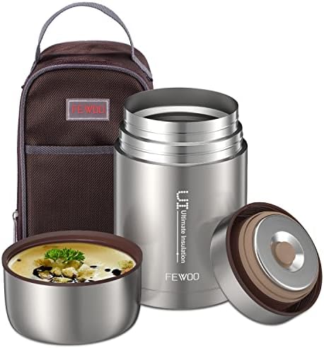 FEWOO En Acier Inoxydable Boîtes Alimentaires Isothermes, 800ml Lunch box, sans bpa,Isotherme repas chaud, Récipient alimentaire isotherme Avec sac(Gris)