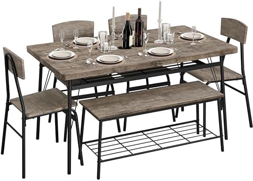 Yaheetech Dining Table Set for 6 Kitchen Table Set with Chairs and Bench 6 Piece Dining Set with 2 Storage Racks, Protective Foot Pads for Dining Room, Kitchen and Apartment, Drift Brown