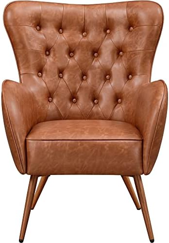Yaheetech Leather Armchair, Deluxe and Modern Accent Chair Living Room Accent Chair Single Sofa Chair Cozy with High Back and Pocket Coil Seat for Bedroom Home Office, Brown