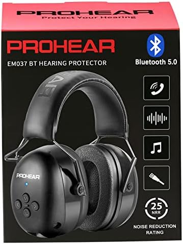 PROHEAR 037 Bluetooth 5.0 Hearing Protection Headphones with Rechargeable 1100mAh Battery, 25dB NRR Safety Noise Reduction Ear Muffs 40H Playtime for Mowing, Workshops, Snowblowing - Black