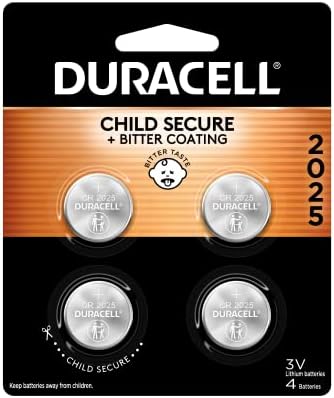 Duracell CR2025 3V Lithium Battery, Child Safety Features, 4 Count Pack, Lithium Coin Battery for Key Fob, Car Remote, Glucose Monitor, CR Lithium 3 Volt Cell