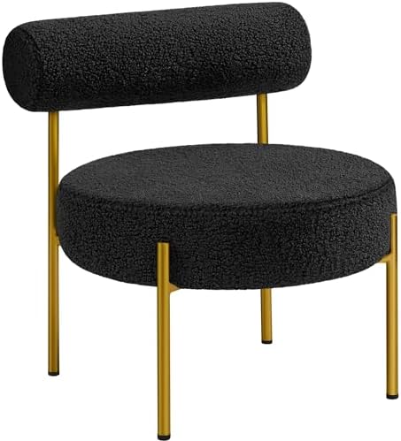 Yaheetech Boucle Vanity Chair, Modern Tufted Accent Chair, Cozy Sherpa Barrel Chair with Gold Legs, Club Chair for Living Room Bedroom Makeup Room Home Office, Black