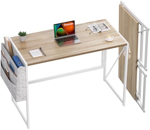 SOROGRA Folding Desk, Small Foldable Desk 39.4 Inch for Small Space, Computer Table Home Office Writing Desk with Storage Bag Headphone Hook, Easy Assembly, OAK