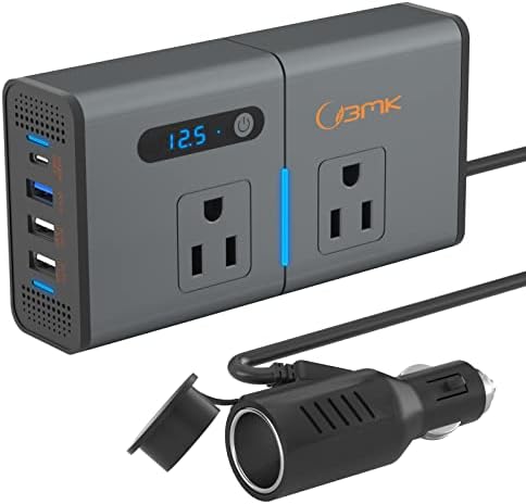 BMK 200W Car Power Inverter Newly Car Plug adapter Outlet Charger DC 12V to 110V Car Inverter with 1.2A&2.4A USB, 1 QC3.0 USB and 1 Type C Ports black