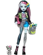 Monster High Frankie Stein Doll in Denim Jacket and Shorts, Includes Pet Dog Watzie and Accessories Like a Backpack, Snack and Notebook