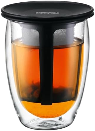 Bodum Tea For One Set, Tea Strainer with 12 Ounce Double Wall Borosilicate Glass, Black