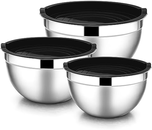 E-far Mixing Bowls with Lids, 6-Piece Stainless Steel Salad Bowls Metal Nesting Bowls for Baking Cooking and Prepping, Airtight Lids & Stackable Design, Size 4.5, 3, 1.5 QT (Black)