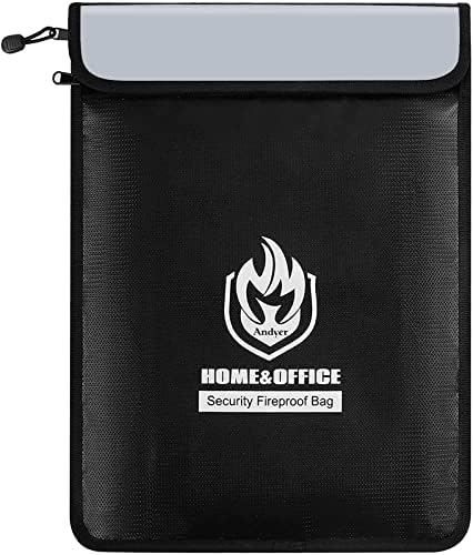 Upgraded Two Pockets Fireproof Document Bag (2000℉), andyer 15”x 11”Waterproof Fireproof Money Bag with Zipper, Waterproof Holder Pouch Fire Safe Bag for Valuables, Legal Documents (Jet Black)