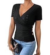 SweatyRocks Women's Short Sleeve V Neck Wrap Top Eyelet Embroidery Ruched Button Side Slim Fit T ...