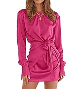 ANRABESS Women Casual Long Sleeve Crewneck Ruched Wrap Short Party Dress Tie Waist Satin Cocktail...