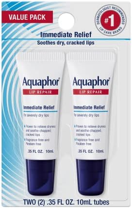 Aquaphor Lip Repair Tubes, Lip Ointment for Chapped Lips, Moisturizing Lip Balm, Two 0.35 ounce tubes