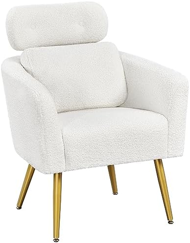 Yaheetech Accent Chair, Cozy Living Room Chair with Adjustable Headrest, Boucle Vanity Chair with Lumbar Pillow and Golden Legs, Modern Armchair for Bedroom Lounge Waiting Room Office, White