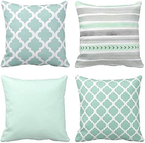 Emvency Set of 4 Throw Pillow Covers Mint Moroccan Green Quatrefoil Gray Watercolour Stripes Arrows Generic Solid Decorative Bedroom Pillow Cases Home Decor Square 16x16 Inches Pillowcases