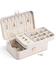 Vlando Lockable Jewelry Box,Faux Leather Jewelry Organizer for Women,Medium Jewelry Case Storage with 2 Drawn,Earrings Necklace Boxes Gift Box Packaging White