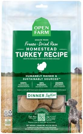 Open Farm Freeze Dried Raw Patties for Dogs, Humanely Raised Meat Recipe with Non-GMO Superfoods and No Artificial Flavors or Preservatives, Homestead Turkey Recipe, 17.5oz