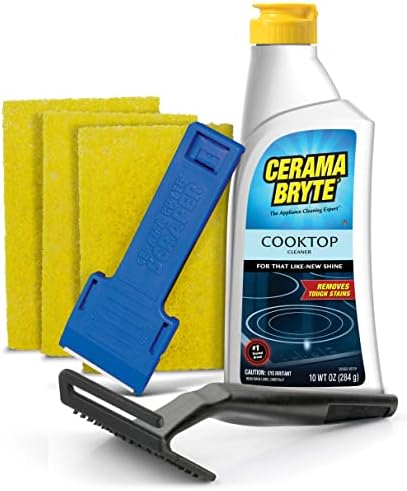 Cerama Bryte Combo Kit POW-R Grip, Scraper, Pads & Removes Tough Stains Cooktop and Stove Top Cleaner for Glass - Ceramic Surfaces, 10 Ounces, 6 Piece