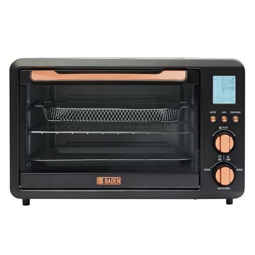 HADEN 25 Liter 6- Slice Toaster Oven with Easy Reach Roll-Top Door, Air Fry, Bake, Broil, Toast Functions, Black and Copper