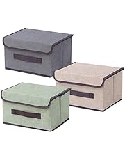3 piece set Beige/grey/light green Cloth Foldable Storage Cubes Bin Box Containers with Lid and Handles for Home, Office, Nursery, Bedroom, Storage Box BH333 (3 piece set, 25X19X16CM)