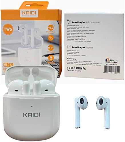 kaidi Fone de ouvido sem fio TWS bluetooth com microfone, formato em haste, IPX4 e energia para 4 horas totais na cor branco kd-772 compativel com android e ios sem fio