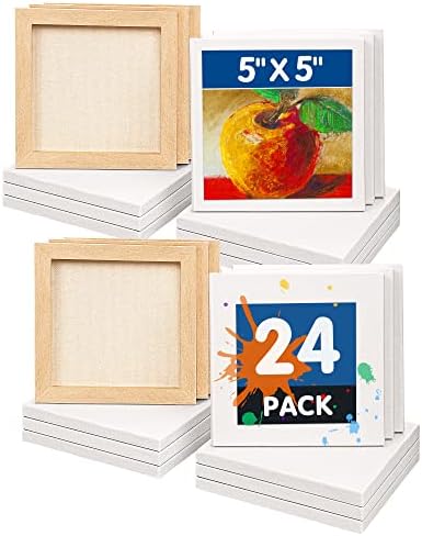 FIXSMITH Mini Stretched Canvas - 24 Pack 5 x 5 Inch, 2/5” Profile Small Square Canvases, 100% Cotton Art Primed Little Blank Canvas for Kids, Home Decor Project, Art Supplies for Acrylic Oil Painting