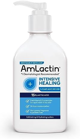 AmLactin Intensive Healing Body Lotion for Dry Skin – 7.9 oz Pump Bottle – 2-in-1 Exfoliator and Moisturizer with Ceramides and 15% Lactic Acid for 24-Hour Relief from Dry Skin (Packaging May Vary)