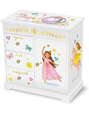 Giggle &amp; Honey Musical Princess Jewelry Box for Girls - Fairytale Kids Music Box with Drawers, Princess Gifts for Little Girls Birthday, Jewelry Boxes for Ages 3-10 - 9.5 x 7.8 x 9.5 in, White
