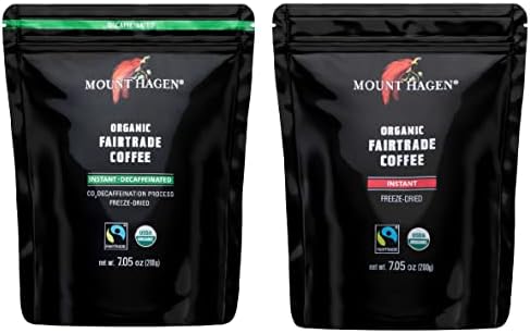 Mount Hagen 7.05oz Organic Freeze Dried Instant Caffeinated + Decaffeinated Coffee Resealable Pouch Bags - 2 Pack | Eco-friendly, Fair-Trade Coffee, Medium Roast Arabica Beans [2x7.05oz]