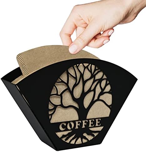 Stylish Coffee Filter Holder with Iron Fan Shape Evenly Spread out Filters, Coffee Filter Rack with Tree of Life Decor Upgrade Your Coffee Enjoyment, Perfect for Home or Office Use (Black)