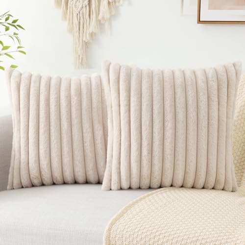 Pallene Faux Fur Plush Throw Pillow Covers 18x18 Set of 2 - Luxury Soft Fluffy Striped Decorative Pillow Covers for Sofa, Couch, Living Room - Apricot