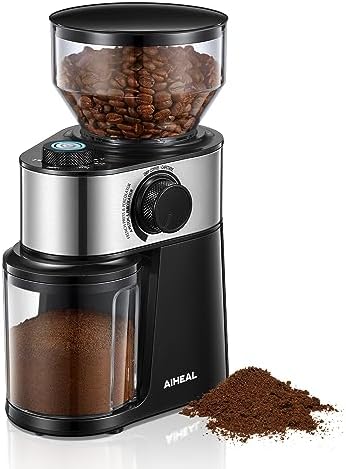 Electric Burr Coffee Grinder with 2-14 Cup Capacity, Aiheal Adjustable Burr Mill Coffee Bean Grinder with 18 Grind Settings for Espresso Drip Coffee and French Press, Black