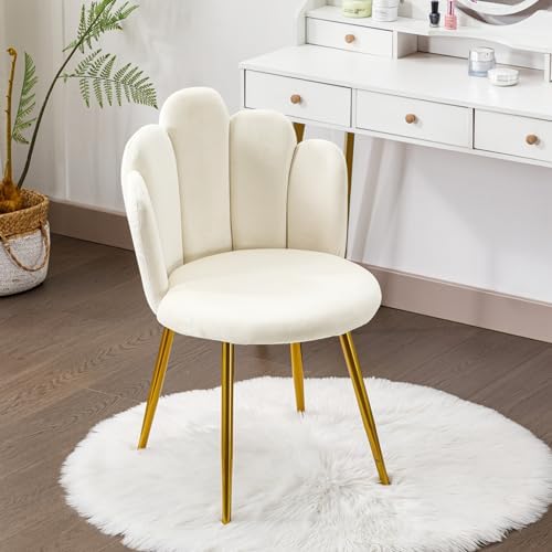 BOWTHY Vanity Chair for Makeup Room - Midcentury Modern Accent Chair for Living Room Bedroom, Makeup Chair with Back Support Velvet Chair with Gold Legs (Cream)
