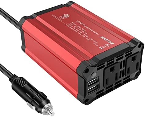 BESTEK 300W Car Power Inverter, DC 12V to 110V Car Inverter with 2 AC Outlets and 3.4A Dual USB Ports, Car Plug Adapter Outlet Converter Red