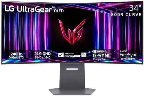 LG 34GS95QE 34-inch UltraGear OLED Curved Gaming Monitor WQHD 800R 240Hz 0.03ms DisplayHDR True Black 400 AMD FreeSync Premium Pro NVIDIA G-Sync HDMI 2.1 DisplayPort Tilt/Height/Swivel Stand Black