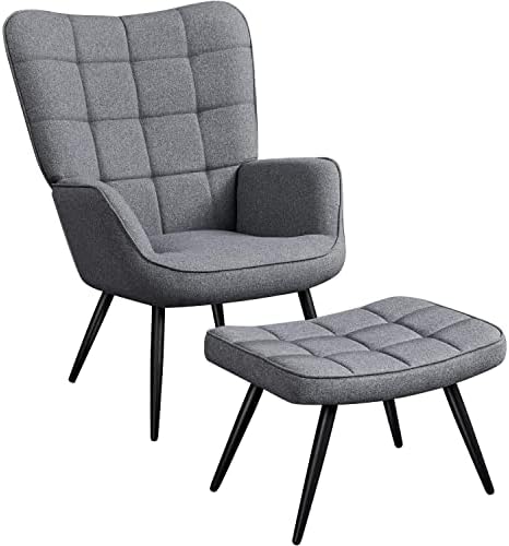 Yaheetech Accent Chair with Ottoman, Modern Armchair and Footrest Set with High Back and Metal Legs, Oversized Lounge Chair and Ottoman Set for Living Room Bedroom Office, Gray