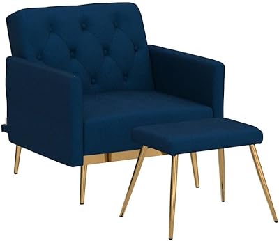 KINFFICT Velvet Accent Sofa Chair with Ottoman, Upholstered Comfy Lounge Armchair with Adjustable Armrests and Backrest, Living Room Single Recliner with Tufted Button Back, Navy