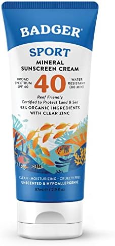 Badger Reef Safe Sunscreen, SPF 40 Sport Mineral Sunscreen, 98% Organic Sunscreen Ingredients, Broad Spectrum, Water Resistant, Zinc Oxide Sunscreen, Unscented, 2.9 fl oz