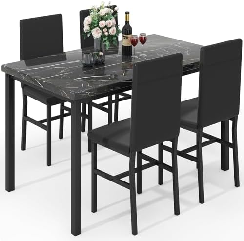 Hooseng Dining Table Set for 4, 47in Kitchen Table and Chairs Set of 4, Faux Marble Dining Room Table Set with 4 PU Leather Chairs, 5-Piece Kitchen Table Set for Small Space, Apartment, Dinette, Black