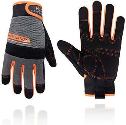 HANDLANDY Work Gloves Mens & Women, Utility Safety Mechanic Working Gloves Touch Screen, Flexible Breathable Yard Work Gloves (Medium, Orange)