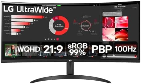 Monitor LG UltraWide Curvo - Tela VA de 34”, WQHD 3440 x 1440, 21:9, sRGB 99%, HDR10, PBP, OnScreen Control, Modo Leitura e Flicker Safe, 100Hz, AMD FreeSync™ - 34WR50QC-B