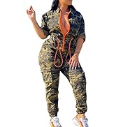 xxxiticat Women's Camouflage Print Jumpsuit Short Sleeve Drawstring Waist Contrast Color Camo One...