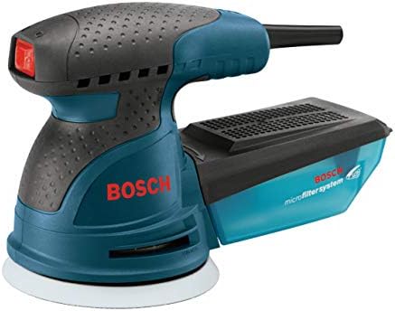 BOSCH ROS20VSC Palm Sander 2.5 Amp 5 Inch Corded Variable Speed Random Orbital Sander, Polisher Kit with Dust Collector and Soft Carrying Bag