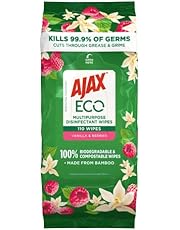 Ajax Eco Antibacterial Disinfectant Surface Cleaning Wipes, Bulk 110 Pack, Vanilla and Berries, Multipurpose, Biodegradable and Compostable, Made with Bamboo Fibres