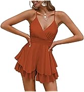 Fixmatti Women Spaghetti Strap Romper V Neck Backless Ruffle Chiffon Shorts Jumpsuit Playsuit