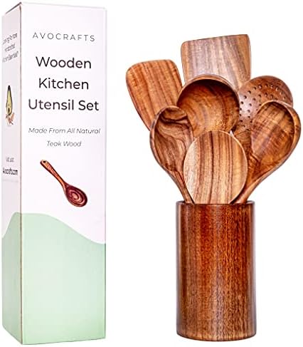 Avocrafts Kitchen Utensil Set for Cooking, Wooden Cooking Spoons and Spatulas, Set of 7 (Add Holder)