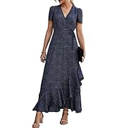 PRETTYGARDEN Womens Summer Wrap Maxi Dress Casual Boho Floral V Neck Short Sleeve Ruffle Hem Spli...