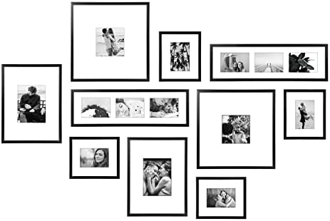 ArtbyHannah 10 Pieces Black & White Large Gallery Wall Frame Set, with Wood Frames and Family Photo Prints Collage for 14 Pic Hanging and Living Room Decoration, Multi-Size