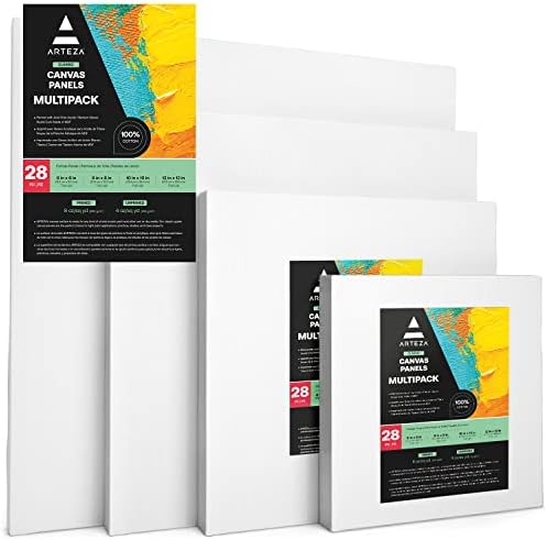 ARTEZA Canvas Boards for Painting, 6 x 6, 8 x 8, 10 x 10, 12 x 12 Inches, Multipack of 28, Blank White Canvas for Acrylic, Oil and Gouache Painting